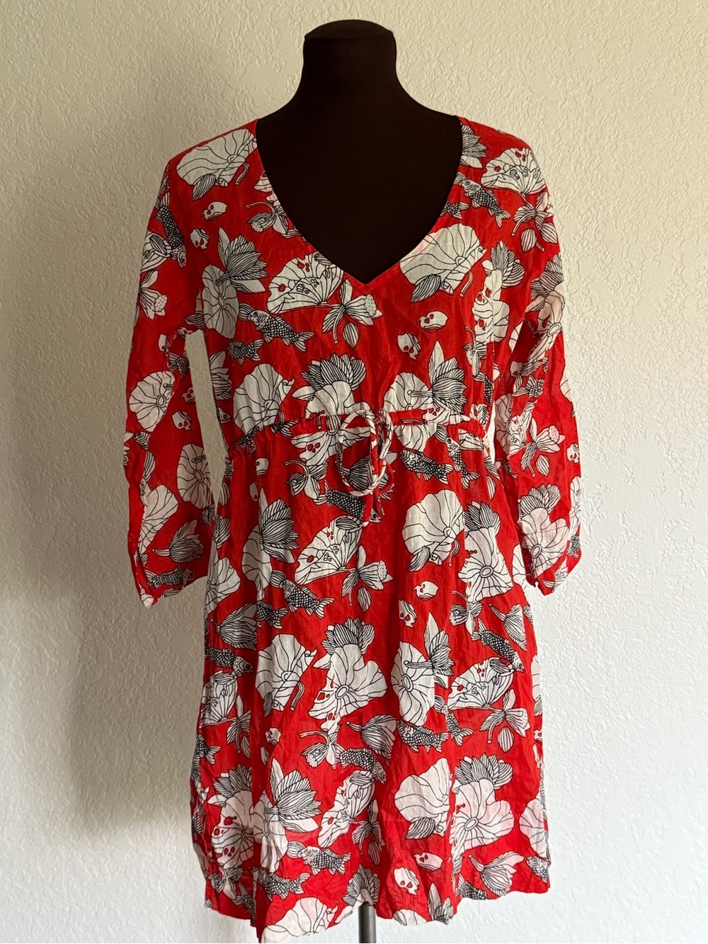 Gretchen Scott Designs SX Cotton Tunic Dress Swim Cover Up Red Floral Fish